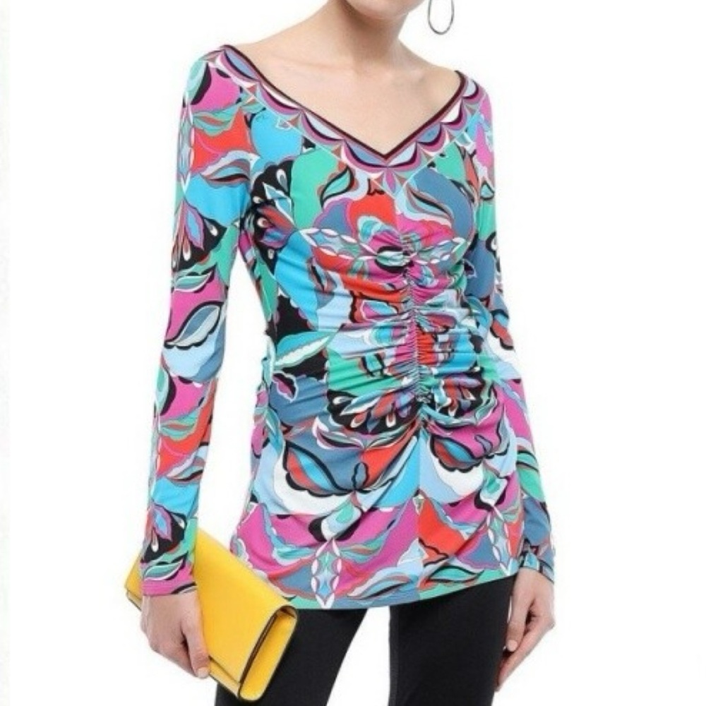 Emilio Pucci Colorful Silk Blend V-Neck Long Sleeve Ruched Women's Top